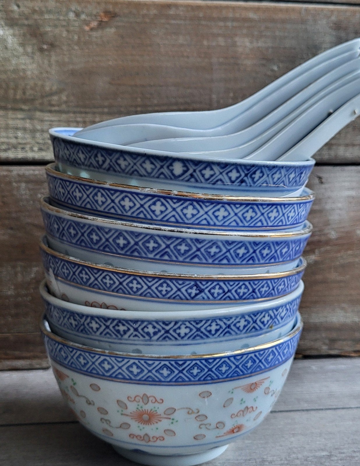 Set van 6 Chinese rijstkommen met lepels, Antiek en Kunst, Ophalen of Verzenden