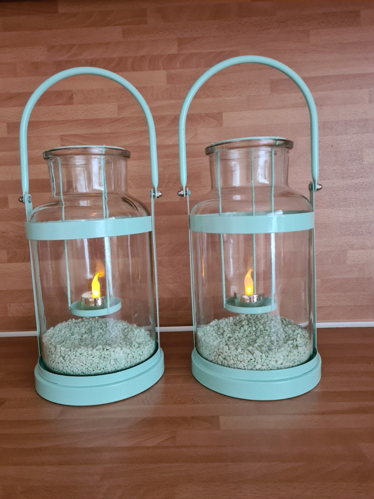 Set van 2 mintgroene lantaarns/windlichten met glazen pot, Ophalen, Lantaarn, Zo goed als nieuw, Metaal