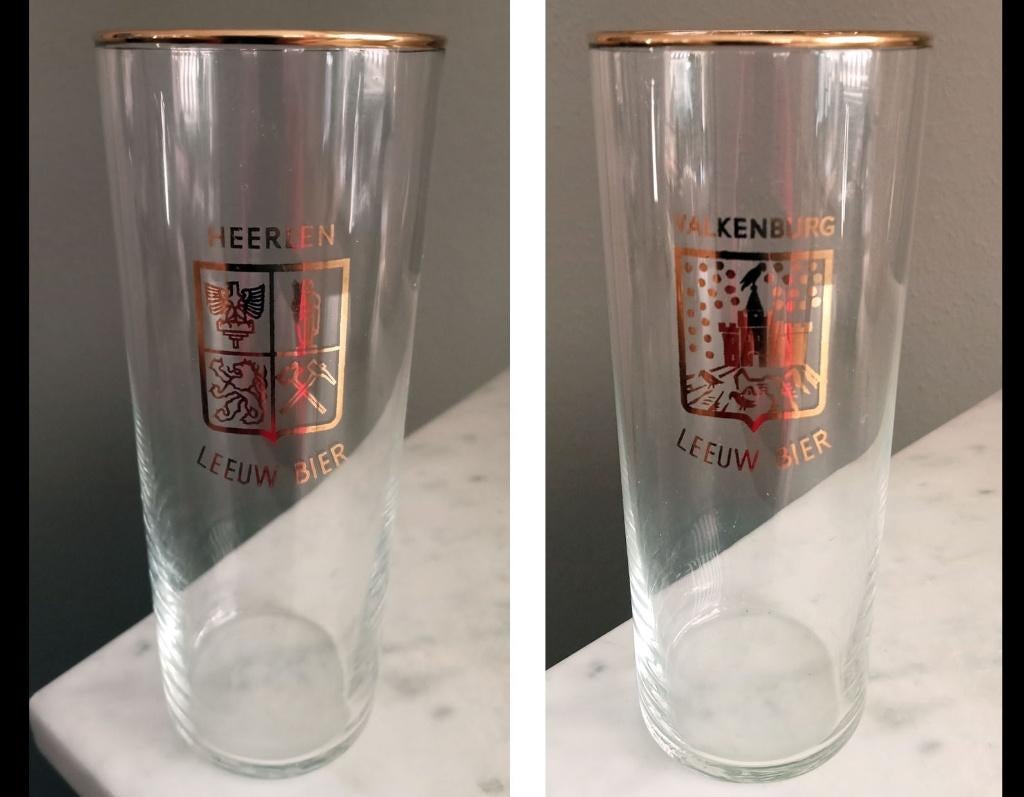 2 vintage Leeuw Bier glazen met een stadslogo., Ophalen of Verzenden, Zo goed als nieuw, Glas of Glazen, Overige merken