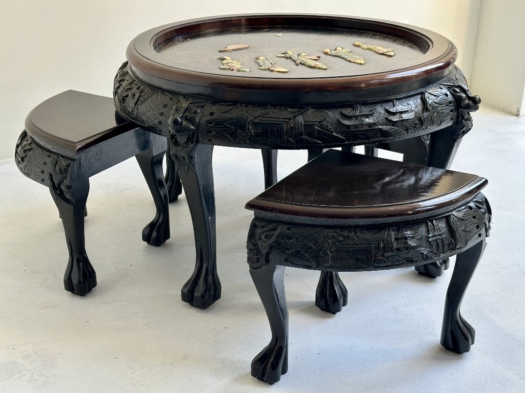 Unieke Chinese Salontafel Set met 4 Krukjes - Handgesneden, Antiek en Kunst, Ophalen