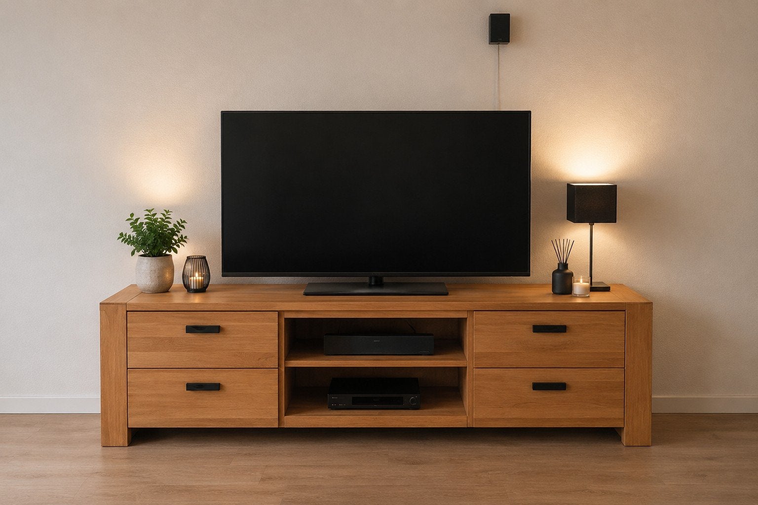 Eiken TV-kast met lades en open vakken, Ophalen, Modern, Scandinavisch, 150 tot 200 cm, Eikenhout