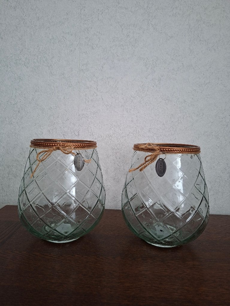 Riverdale windlichten van glas met koper randje, Ophalen, Gebruikt, Glas, 18 cm