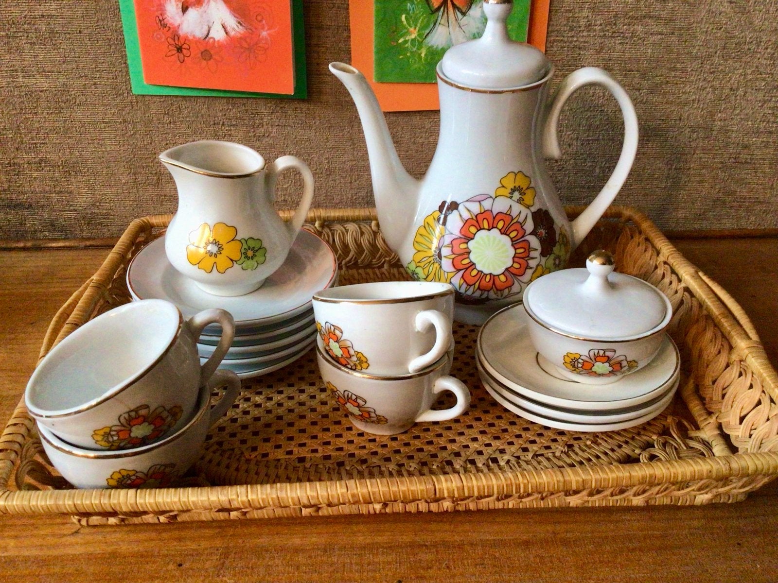 Vintage Kinder Serviesset met rotan dienblad  - Jaren '70, Ophalen of Verzenden, Huis en Inrichting