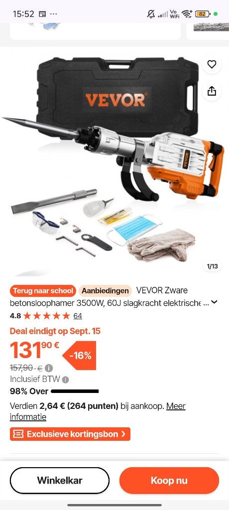 VEVOR Zware Betonsloophamer 3500W 60J Elektrisch, Witgoed en Apparatuur, Ophalen, Minder dan 60 m³, Nieuw, 3 snelheden of meer