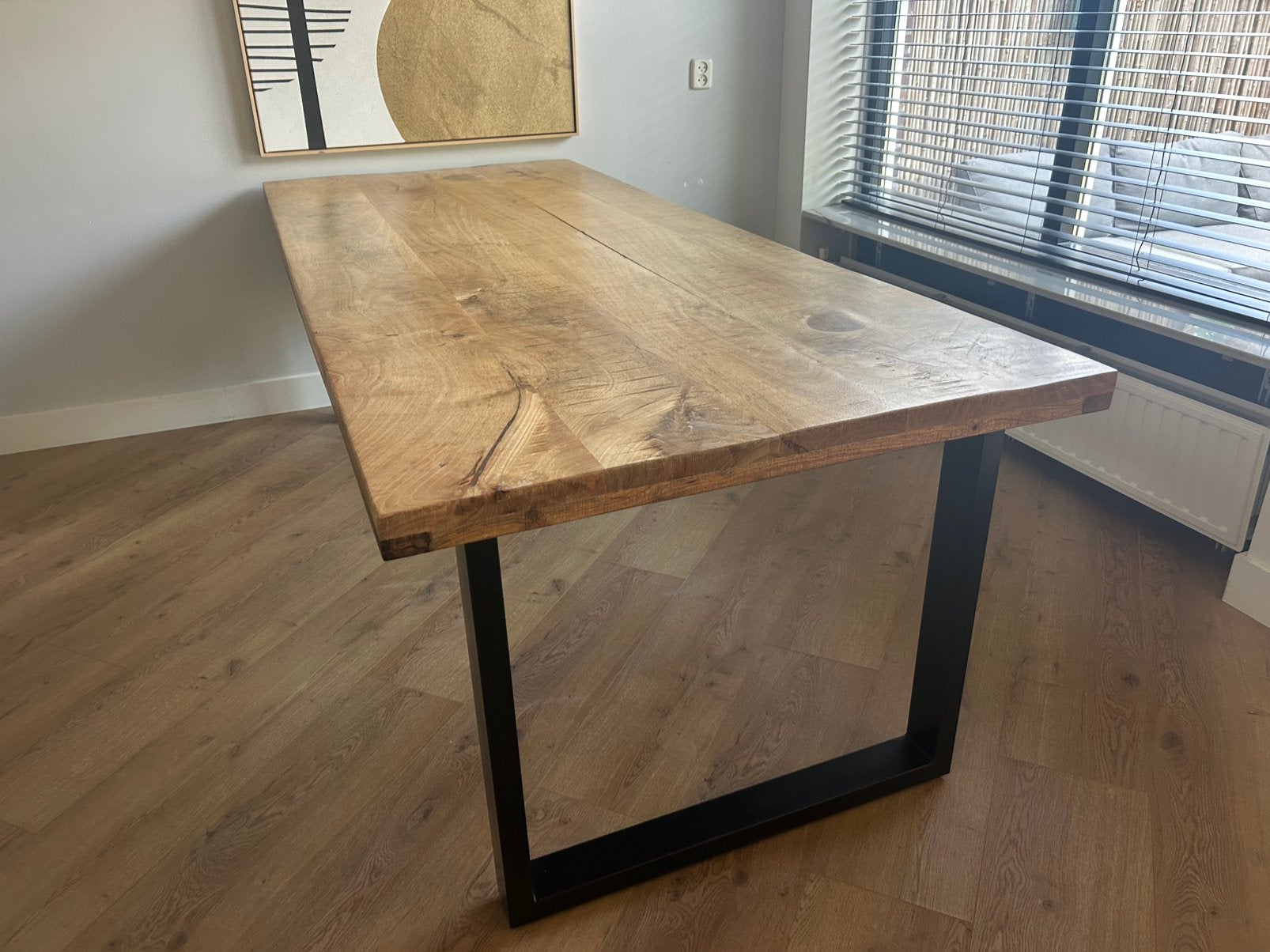 Eetkamertafel mangohout U profiel 2.40x1.00 hoog 0.77, Ophalen, Gebruikt, 200 cm of meer, 50 tot 100 cm