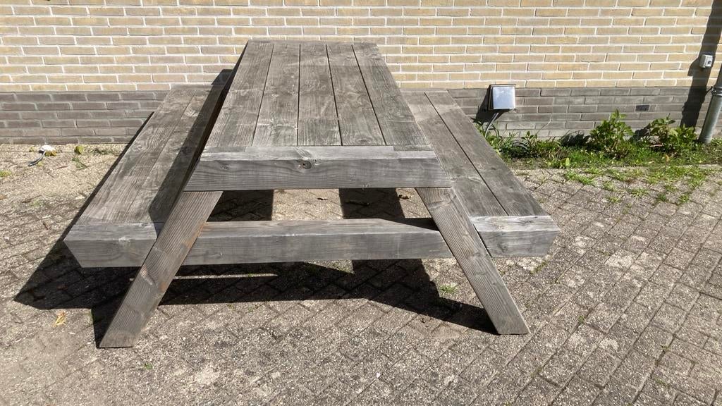 Robuuste houten douglas picknicktafel, Ophalen of Verzenden, Zo goed als nieuw, Rechthoekig, Hout