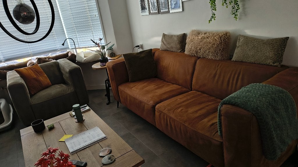 3-zitsbank  (cognac) en Fauteuil  (groen)  Empire, Huis en Inrichting, Banken | Bankstellen, Ophalen, Gebruikt, Driepersoons, 75 tot 100 cm