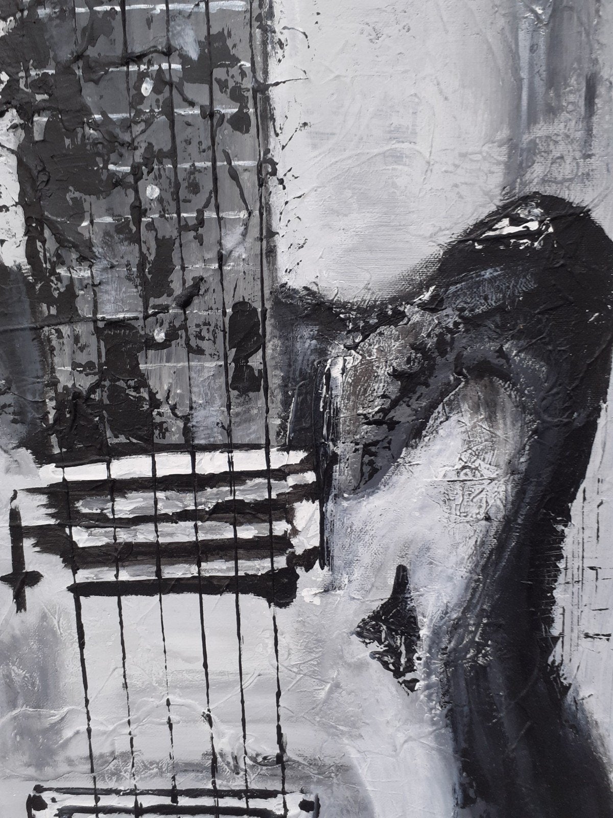 Abstract gitaar schilderij - Zwart-wit acryl op canvas, Ophalen