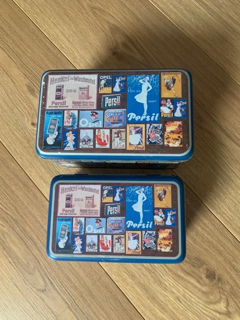 2 bewaarblikken met oude reclames, Ophalen of Verzenden, Gebruikt, Overige, Overige merken