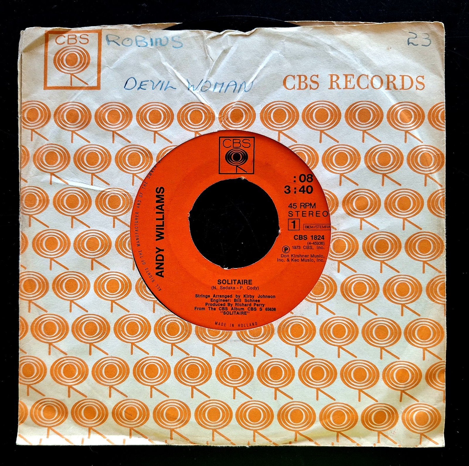 7"/SINGLE  ANDY WILLIAMS - Solitaire, Cd's en Dvd's, Ophalen of Verzenden, Gebruikt, Pop