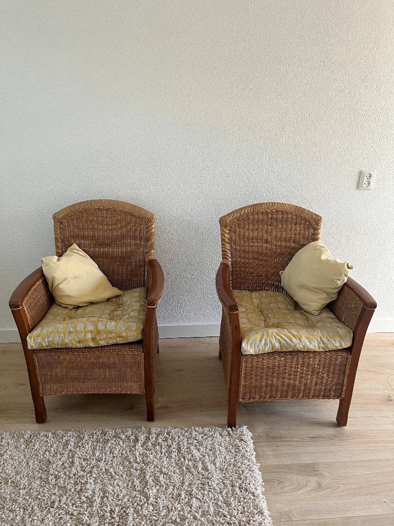 2 rotan stoelen met kussens, Huis en Inrichting, Stoelen, Ophalen, Gebruikt, Twee, Bruin