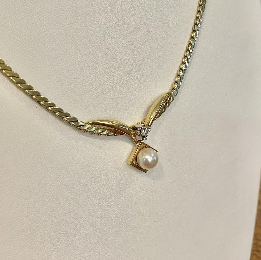 14K Gouden Collier met Diamant & Parel, Sieraden, Tassen en Uiterlijk, Kettingen, Zo goed als nieuw, Goud, Goud, Ophalen of Verzenden