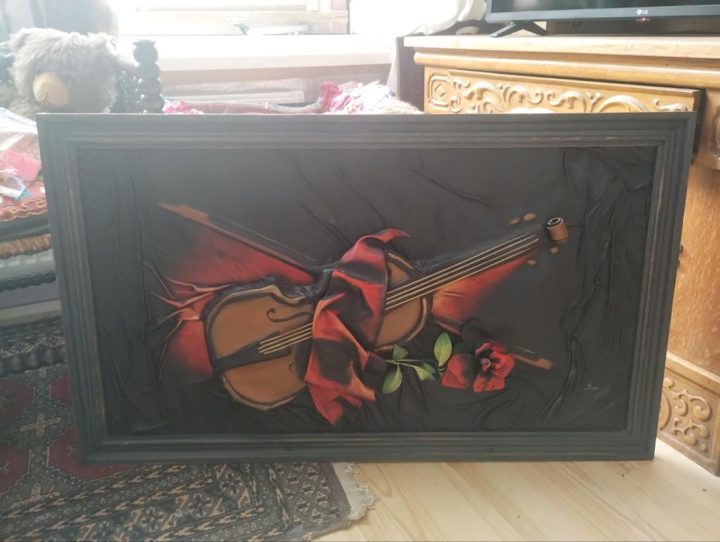 Uniek Groot 3D Lederen Reliëf Schilderij – Viool & Roos, Ophalen