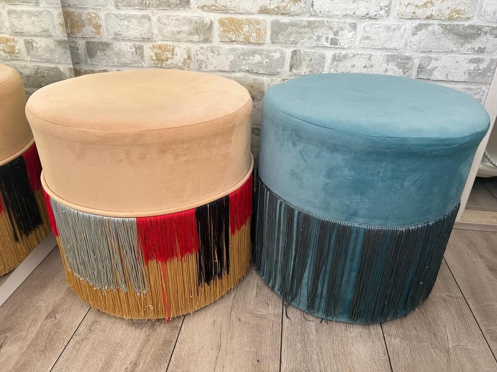 Poef blauw en geel met franjes, Ophalen, Gebruikt, Bohemian, Modern, Stof