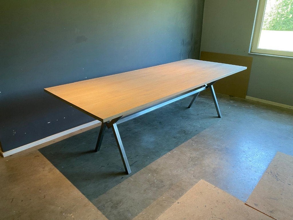 Eiken tafel 260 cm – RVS onderstel, Ophalen, 200 cm of meer, 50 tot 100 cm, Zo goed als nieuw