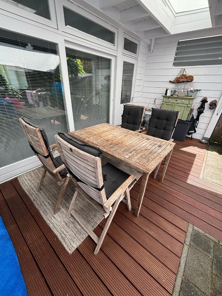 Teakhouten tuinset met kussens, Tuin en Terras, Tuinsets en Loungesets, Ophalen, 4 zitplaatsen, Gebruikt, Teakhout
