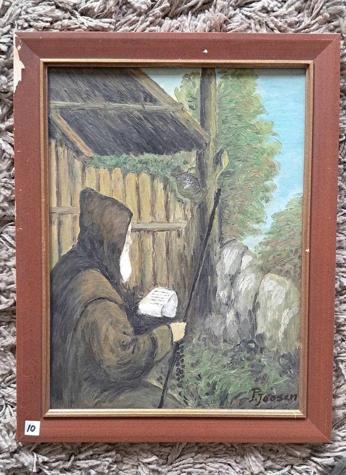 10. Olieverfschilderij van monnik in landschap, Doek, Portret of Personen, Realistisch, Ophalen of Verzenden