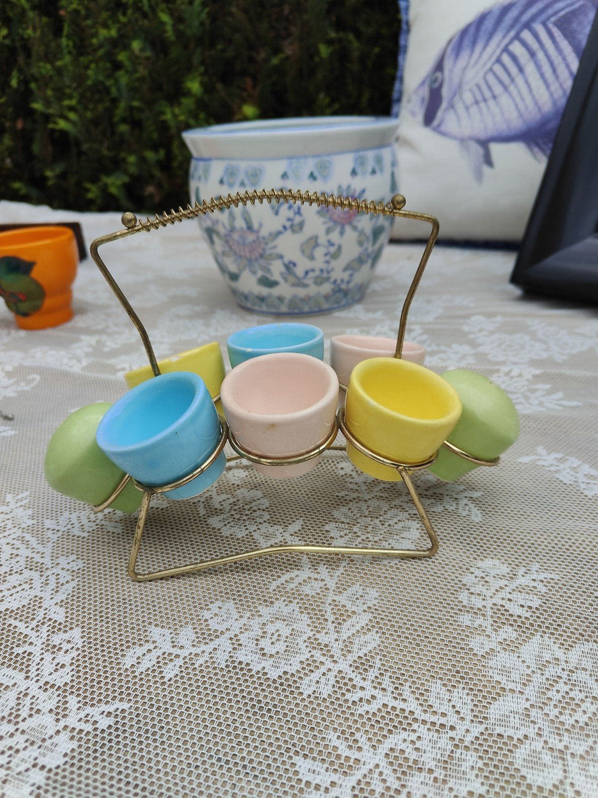 Vintage Pastel Eierdopjes Rekje met Peper en Zoutstel, Ophalen of Verzenden