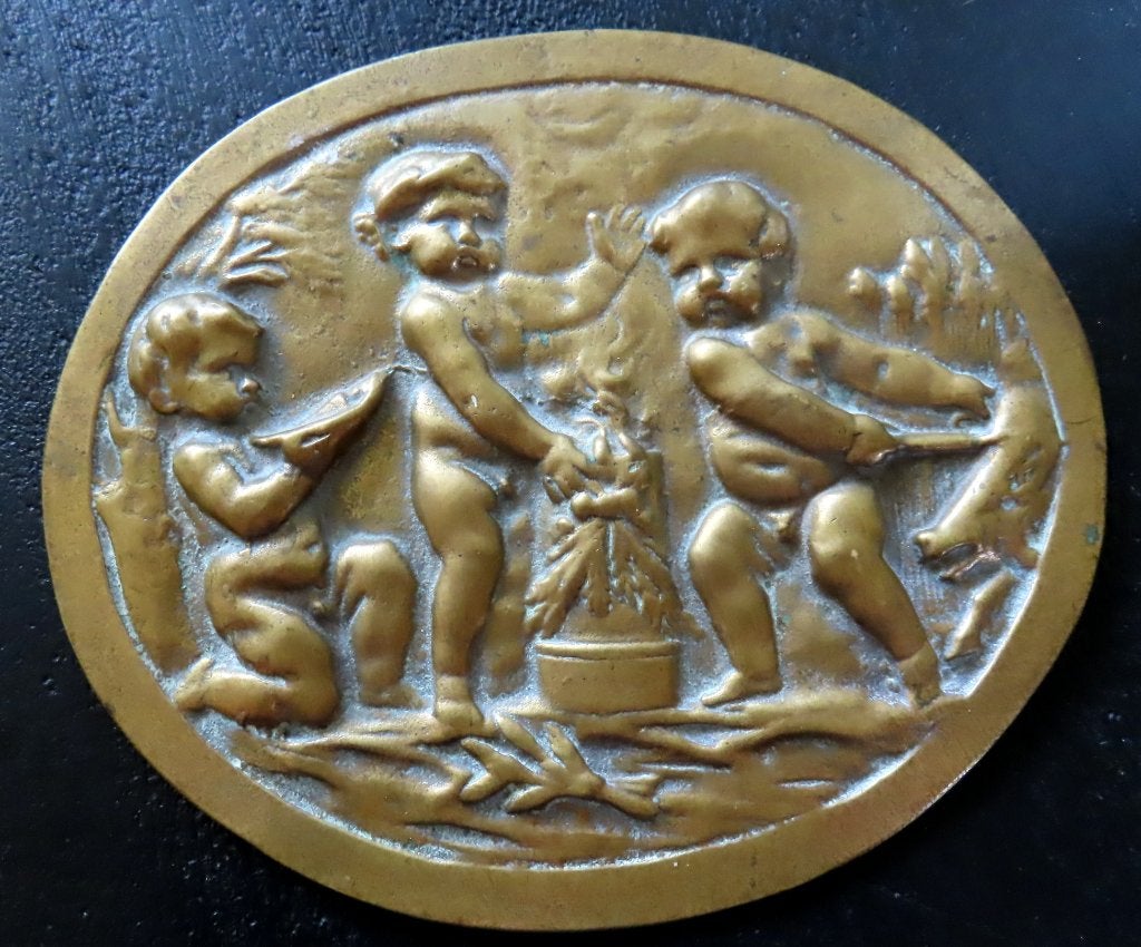 Uit inboedel: Bronzen ovale plaquette 3  putti's, incl verze, Verzenden, Brons