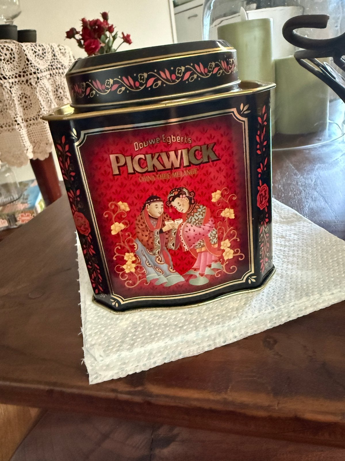 Vintage Pickwick theeblik Douwe Egberts China Tea Melange, Verzamelen, Ophalen of Verzenden, Gebruikt, Thee, Douwe Egberts