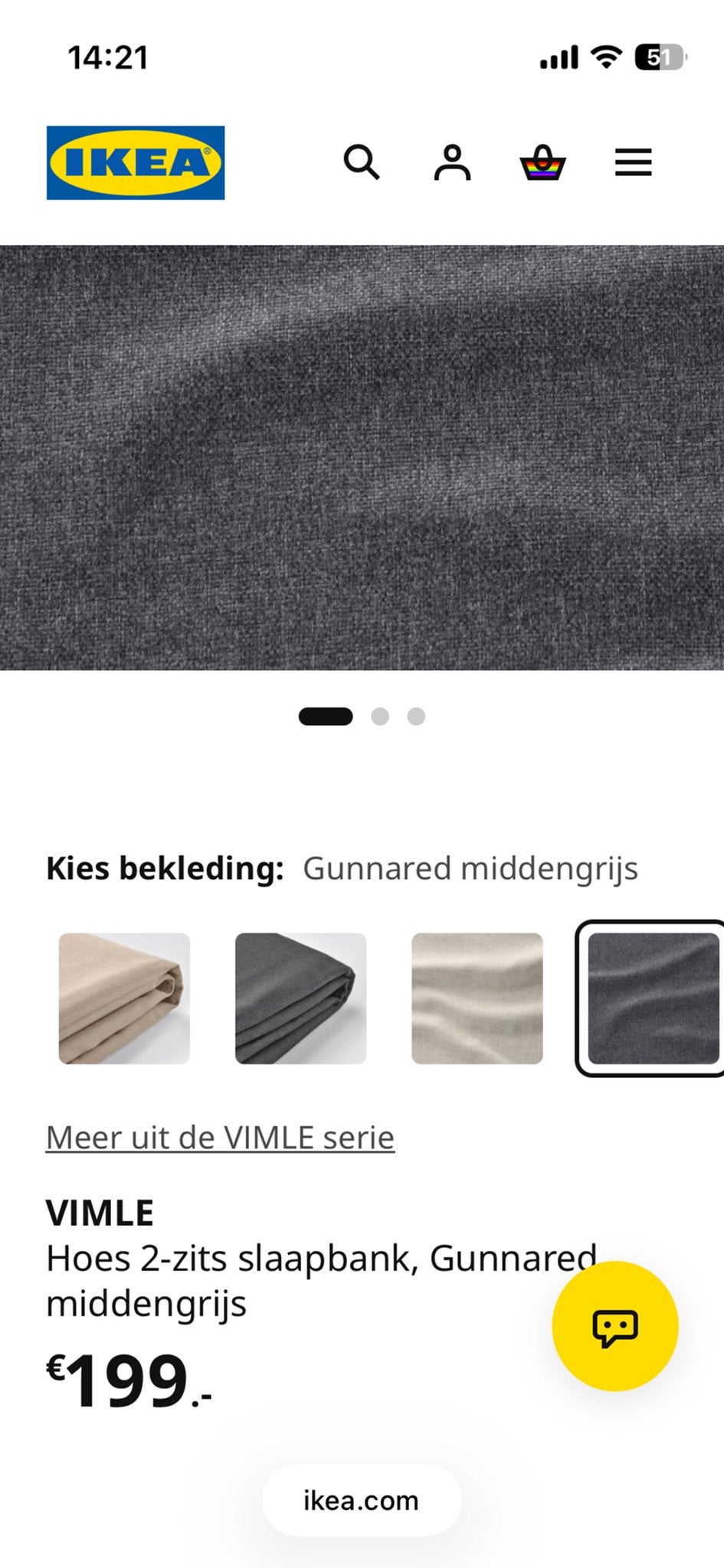 IKEA VIMLE Hoes 2-zits slaapbank Gunnared middengrijs, Ophalen, 150 tot 200 cm, Tweepersoons, 75 tot 100 cm