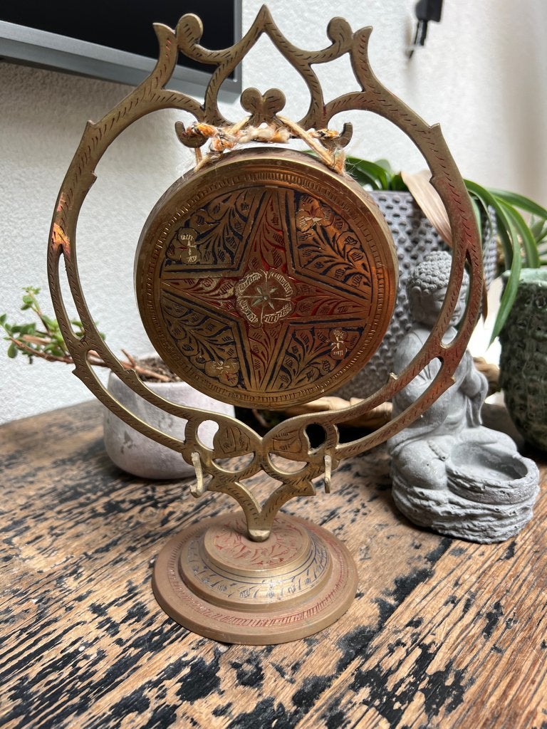 Indiase oude vintage tafel gong brons India Brass, Verburgt Vintage, Gebruikt, Meerkleurig, Ophalen of Verzenden