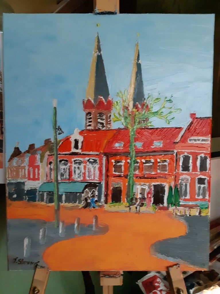 Heuvelse kerk Tilburg, Doek, Ophalen of Verzenden, Handgeschilderd, Olieverf