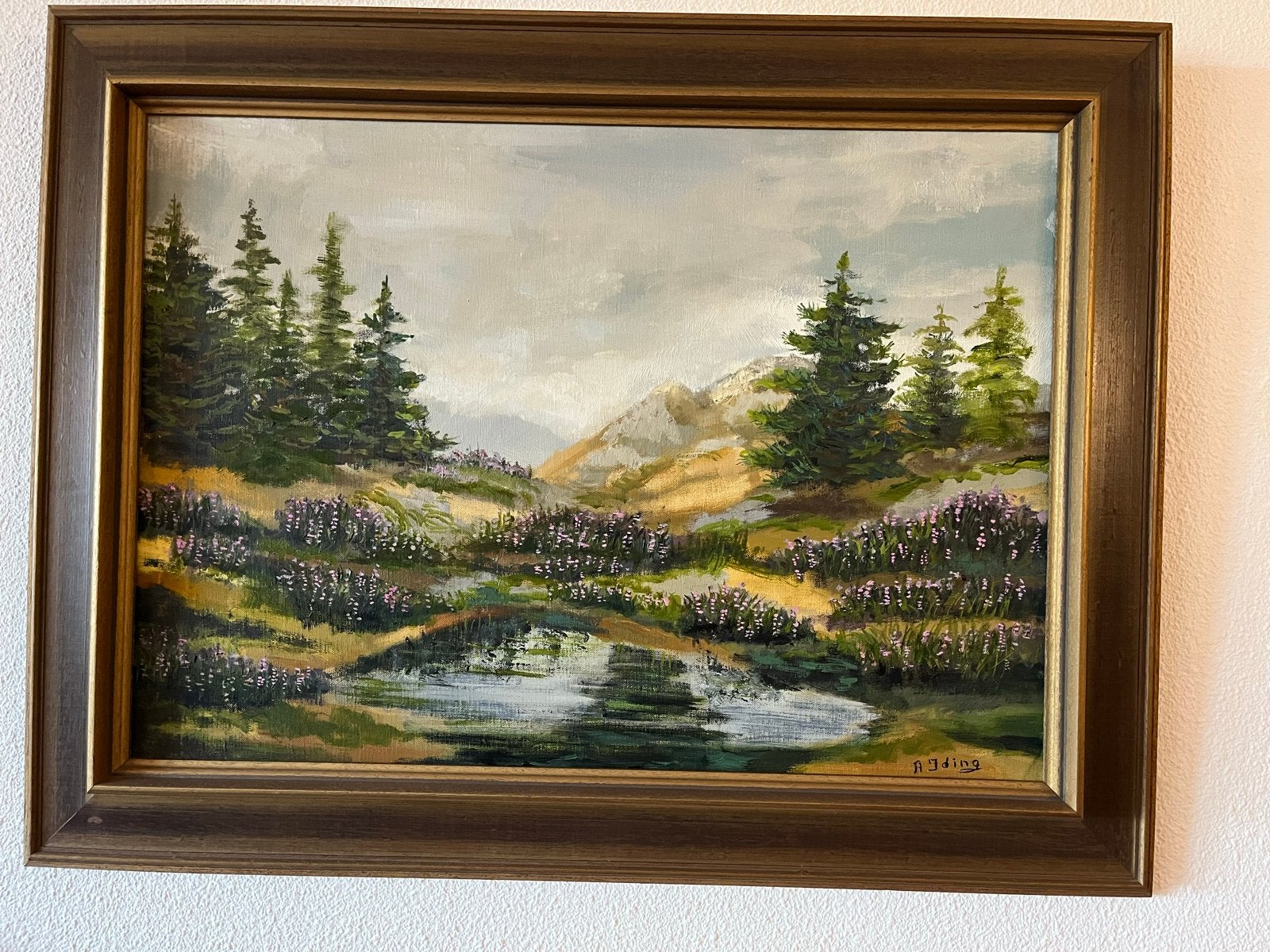 Schilderij Aleida Iding - Berglandschap met heide, Ophalen, Doek, Gesigneerd, Landschap