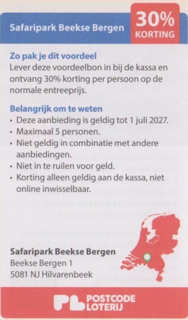 Safaripark Beekse Bergen. 30% korting. Postcodeloterij bon., Tickets en Kaartjes, Drie personen of meer, Kortingskaart
