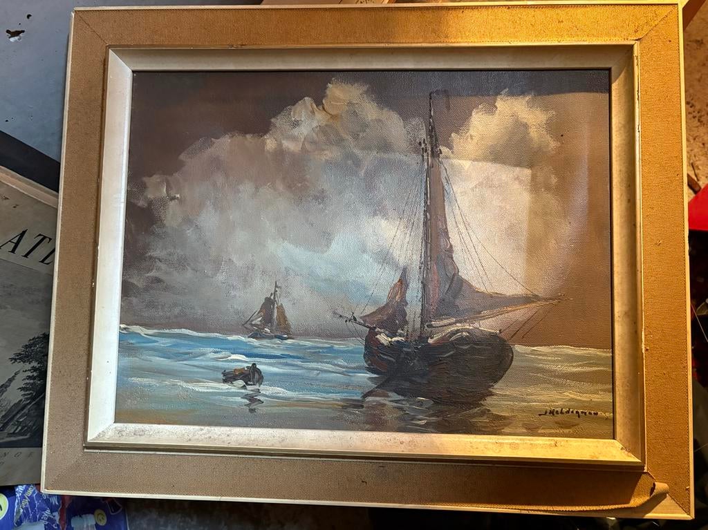 Olieverfschilderij: Schepen op woelige zee J. Kelderman, Ophalen of Verzenden