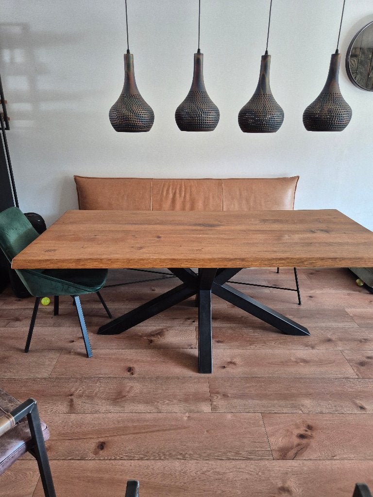 Massief eiken eettafel met 4 stoelen, Ophalen, Gebruikt, Eikenhout, 200 cm of meer