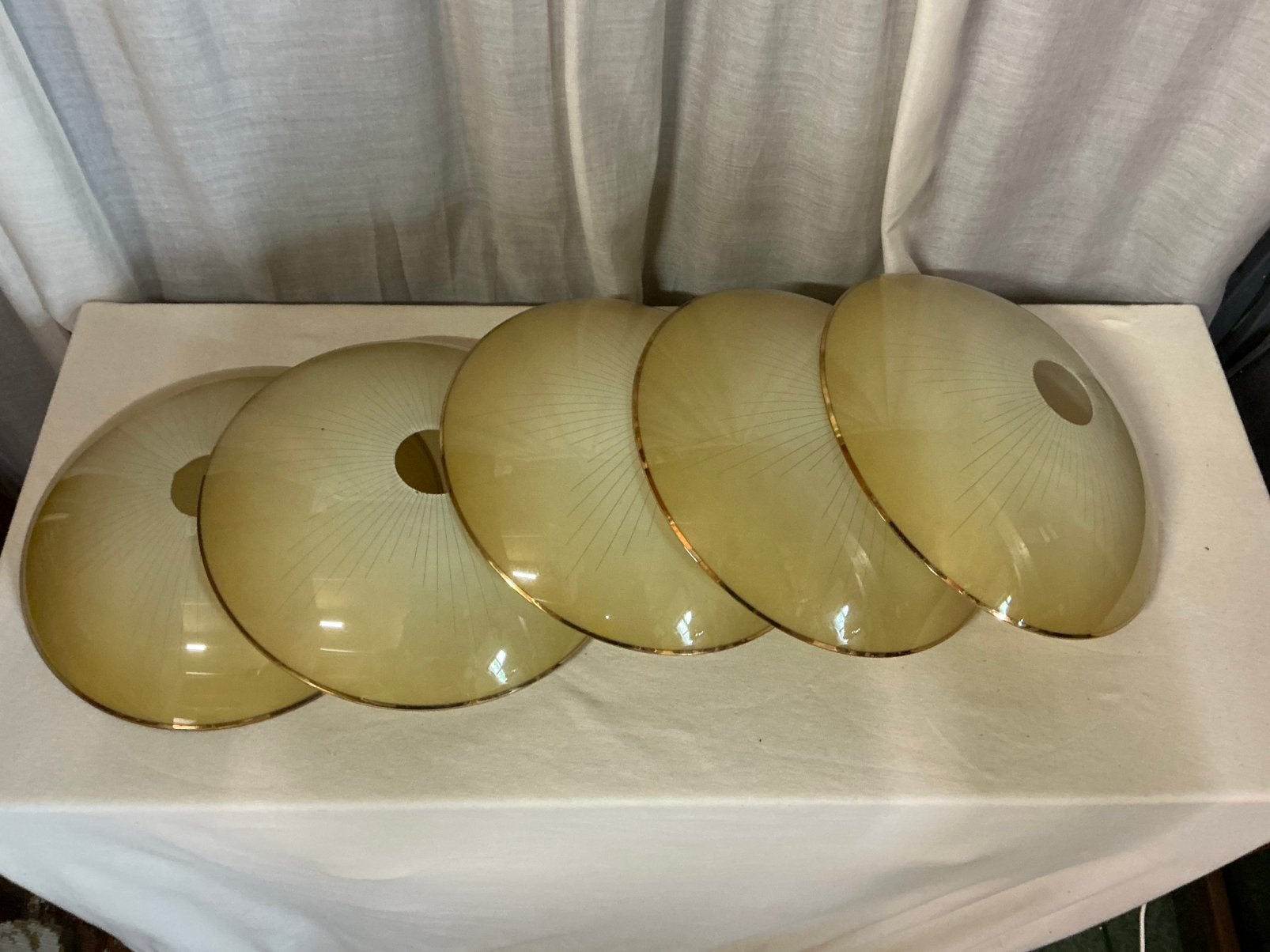 5 st Vintage glazen lampenkappen ,Amber gestreept glas,, Ophalen of Verzenden