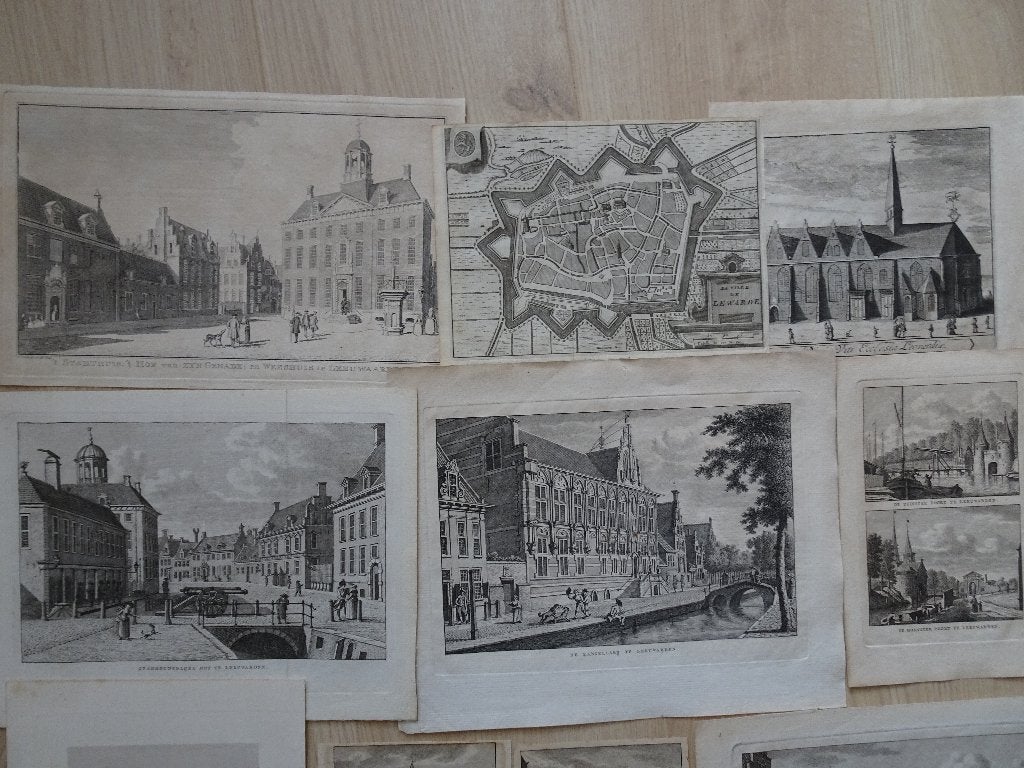originele gravures en lithos Leeuwarden Friesland 18e eeuw, Antiek en Kunst, Origineel, Ophalen of Verzenden, Kaarten en plattegronden