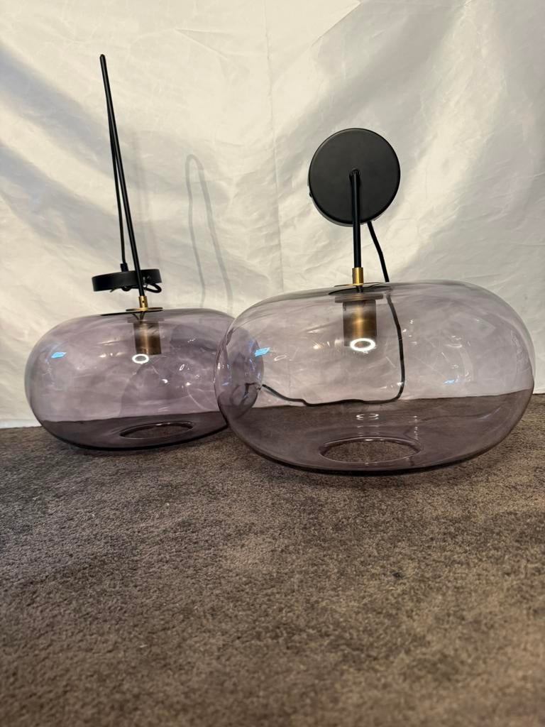 2x hanglampen odin messing rookglas, Ophalen, Gebruikt, Glas, 75 cm of meer