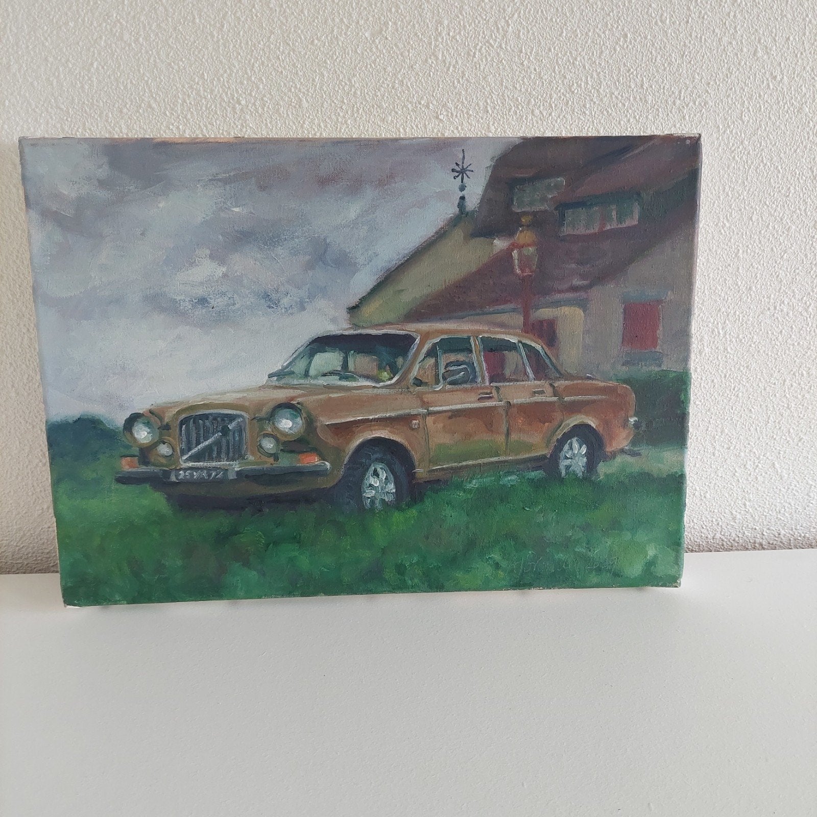Olieverfschilderij 'Volvo' van Justine Albronda, Antiek en Kunst, Voertuigen, Ophalen of Verzenden, Olieverf, Op houten frame
