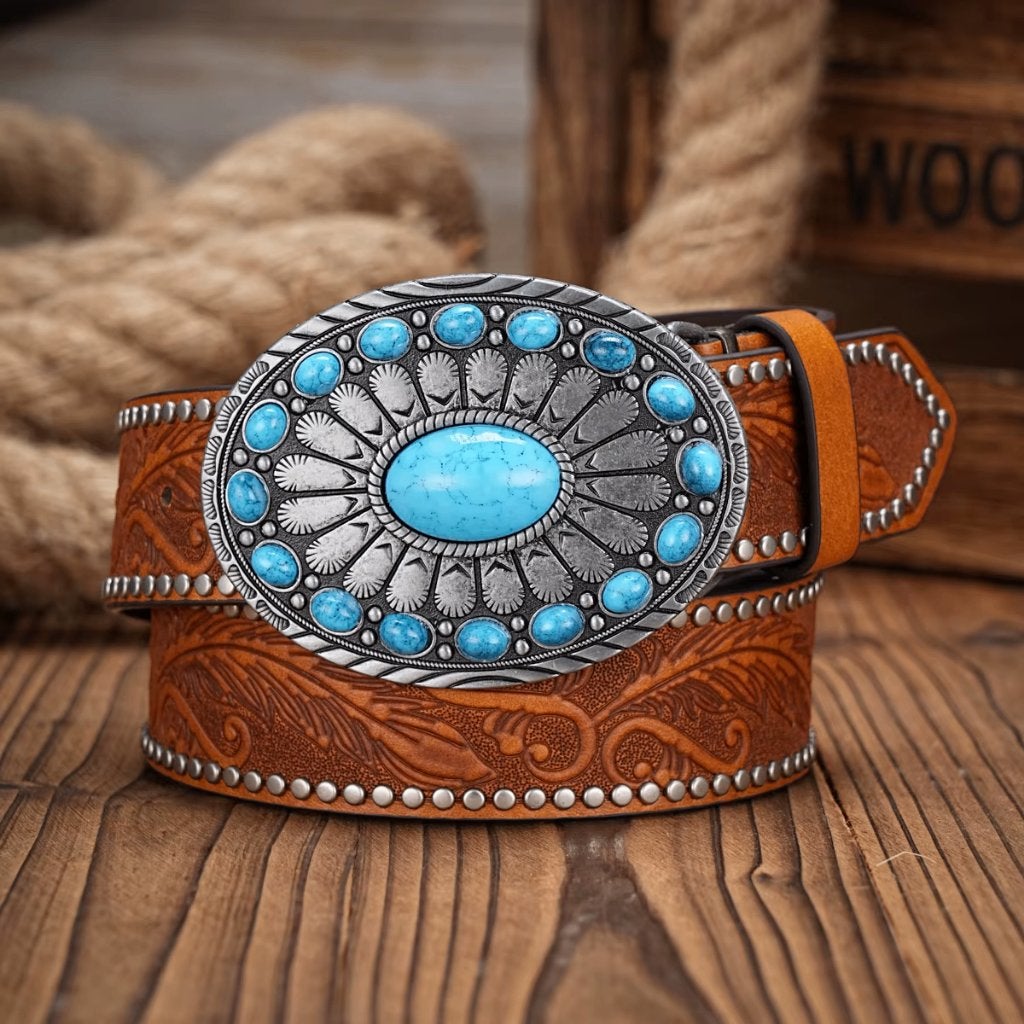 Cognac bruine kunstleren cowboyriem met blauwe stenen, Bruin, Verzenden, Nieuw, 115 cm of meer