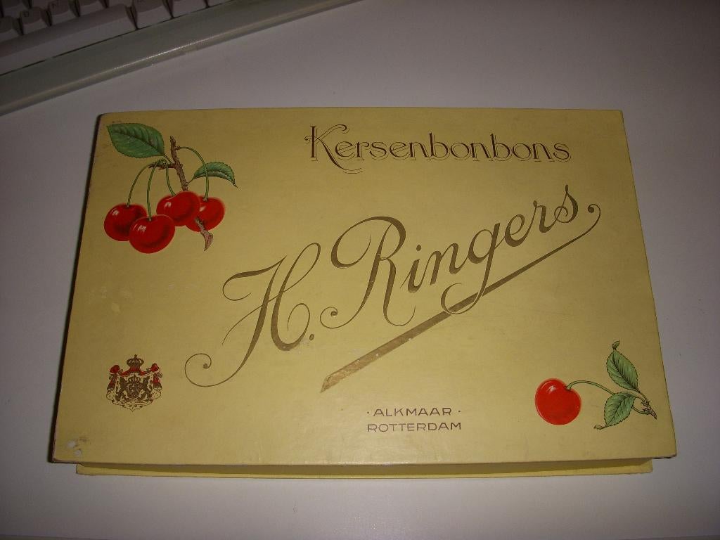 Prachtige grote oude reclamedoos H. Ringers Kersenbonbons, Ophalen of Verzenden, Gebruikt, Verpakking