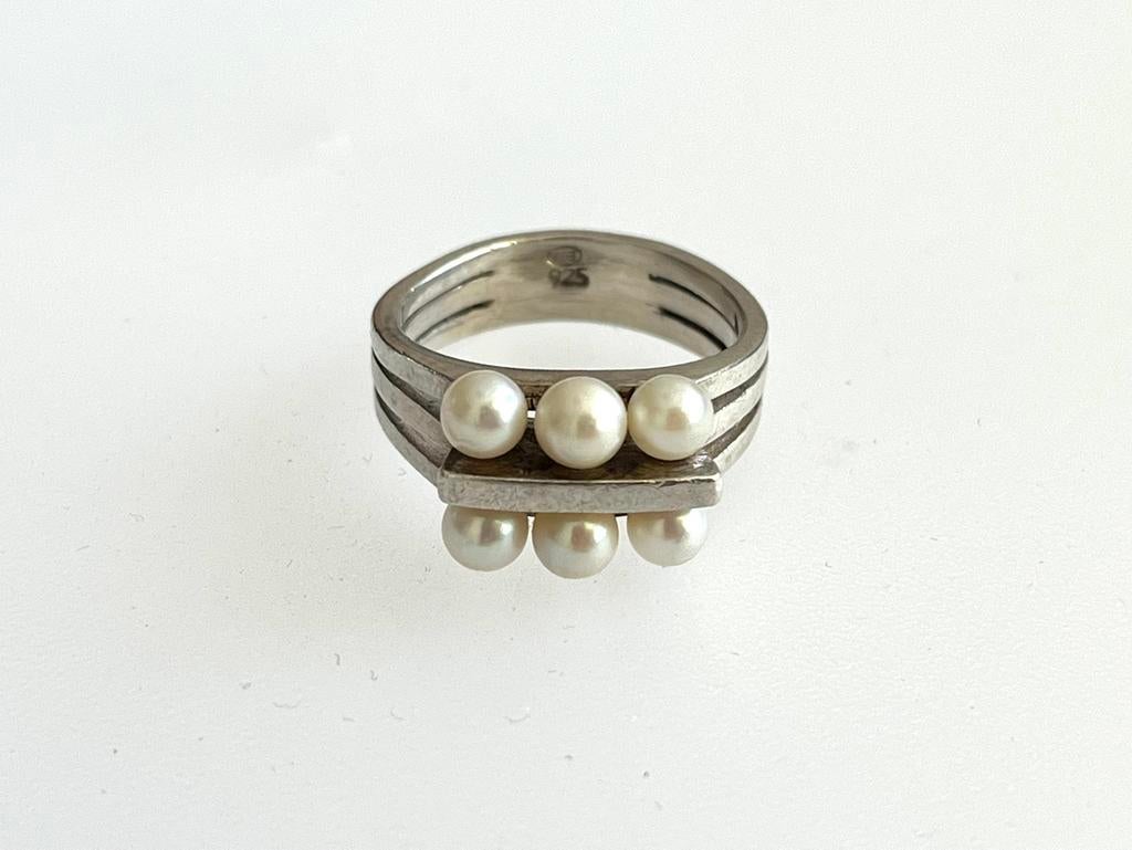 Vintage retro ring zilver Akoya parels, Sieraden, Tassen en Uiterlijk, Antieke sieraden, Verzenden, Zilver, Ring, Met edelsteen