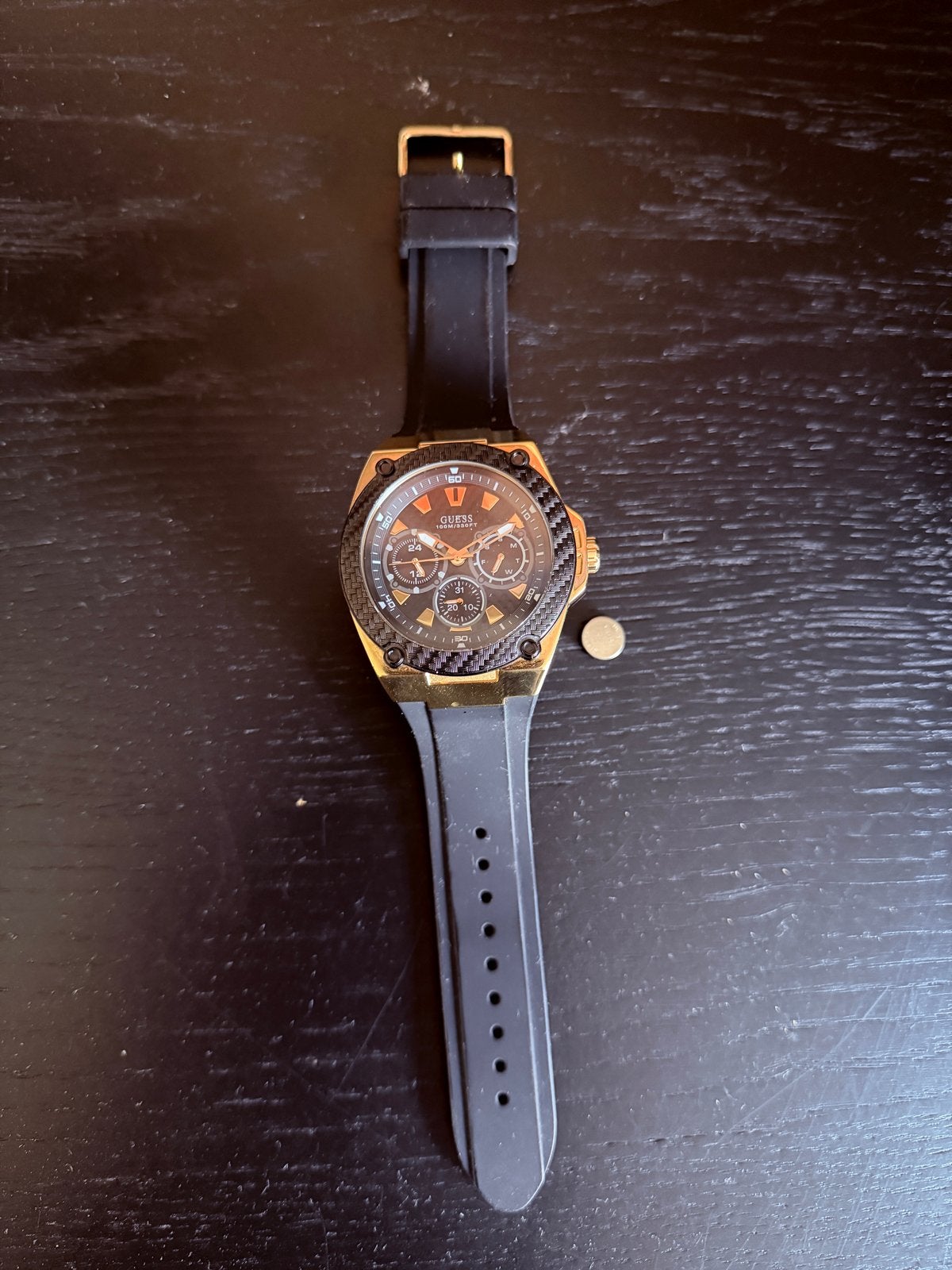 Guess Heren Horloge Goudkleurig met Zwart Siliconen Bandje, Overige merken, Overige materialen, Polshorloge, Kunststof