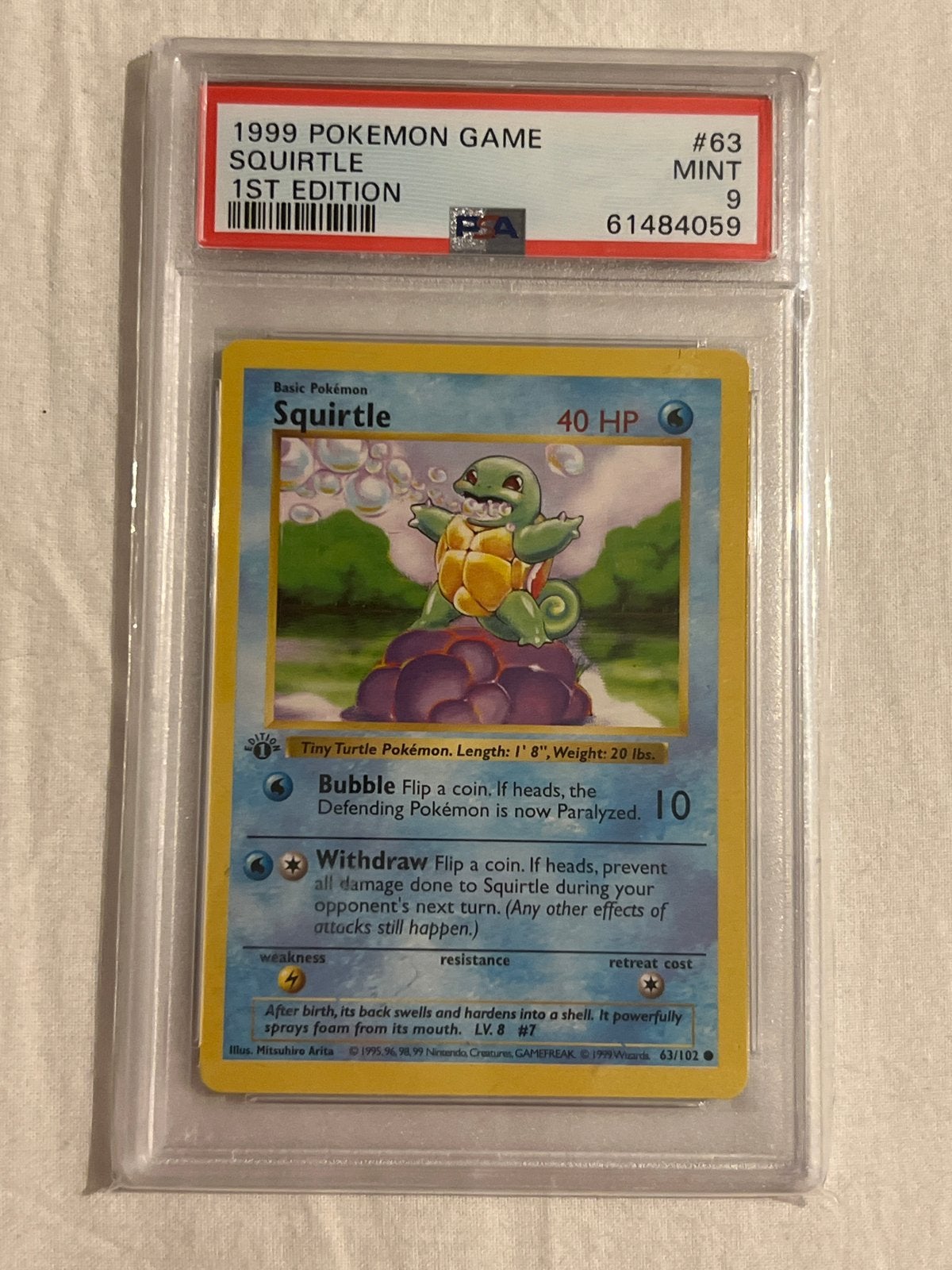 Squirtle 1st Edition PSA 9 MINT - 1999 Pokémon Game #63, Ophalen, Zo goed als nieuw, Losse kaart