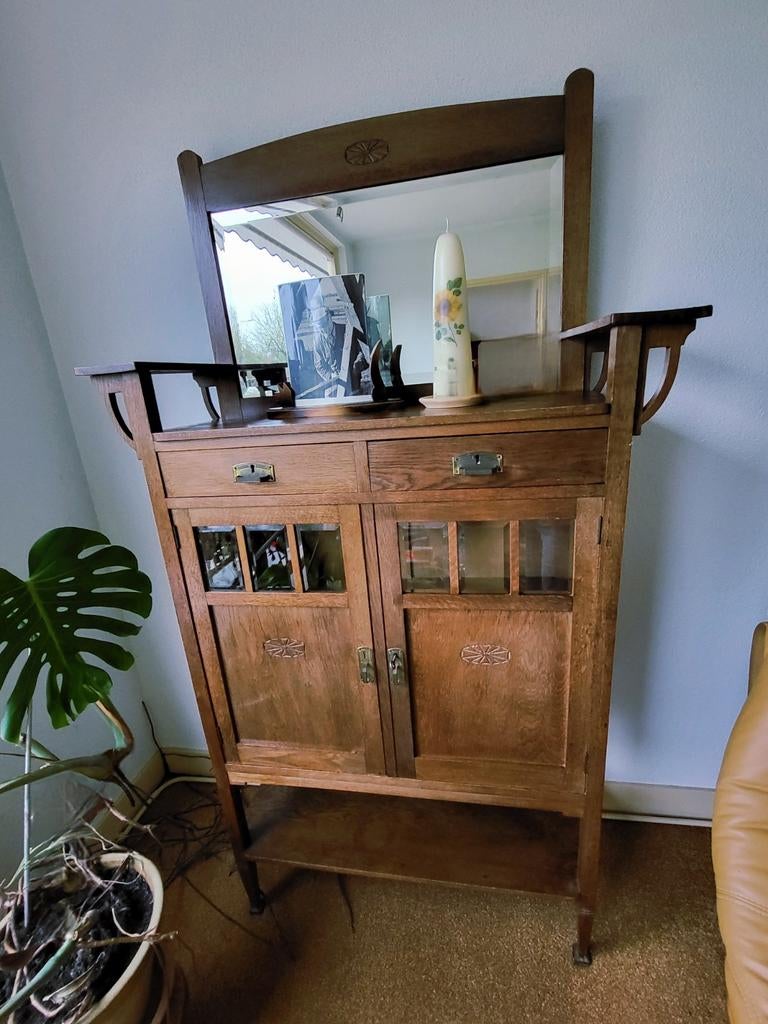 Antieke Eiken Kast met Spiegel - Renaissance Stijl, Antiek en Kunst, Ophalen