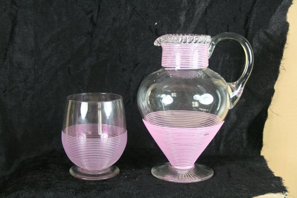 Antiek glazen water of sapkan en glas met opgelegd glasdraad, Ophalen of Verzenden