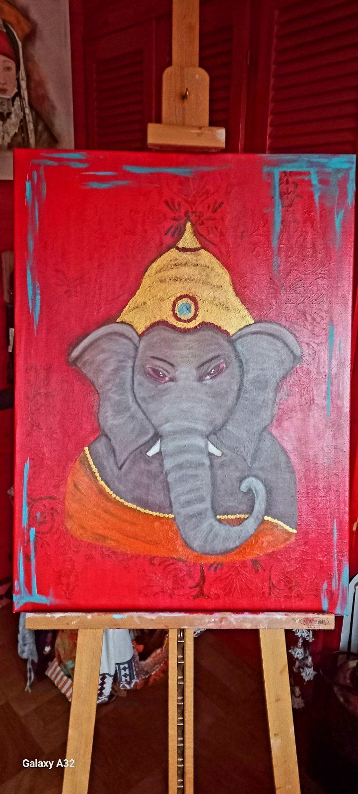 Kleurrijk handgeschilderd Ganesha schilderij 75x55 cm, Ophalen of Verzenden, Handgeschilderd, Figuren