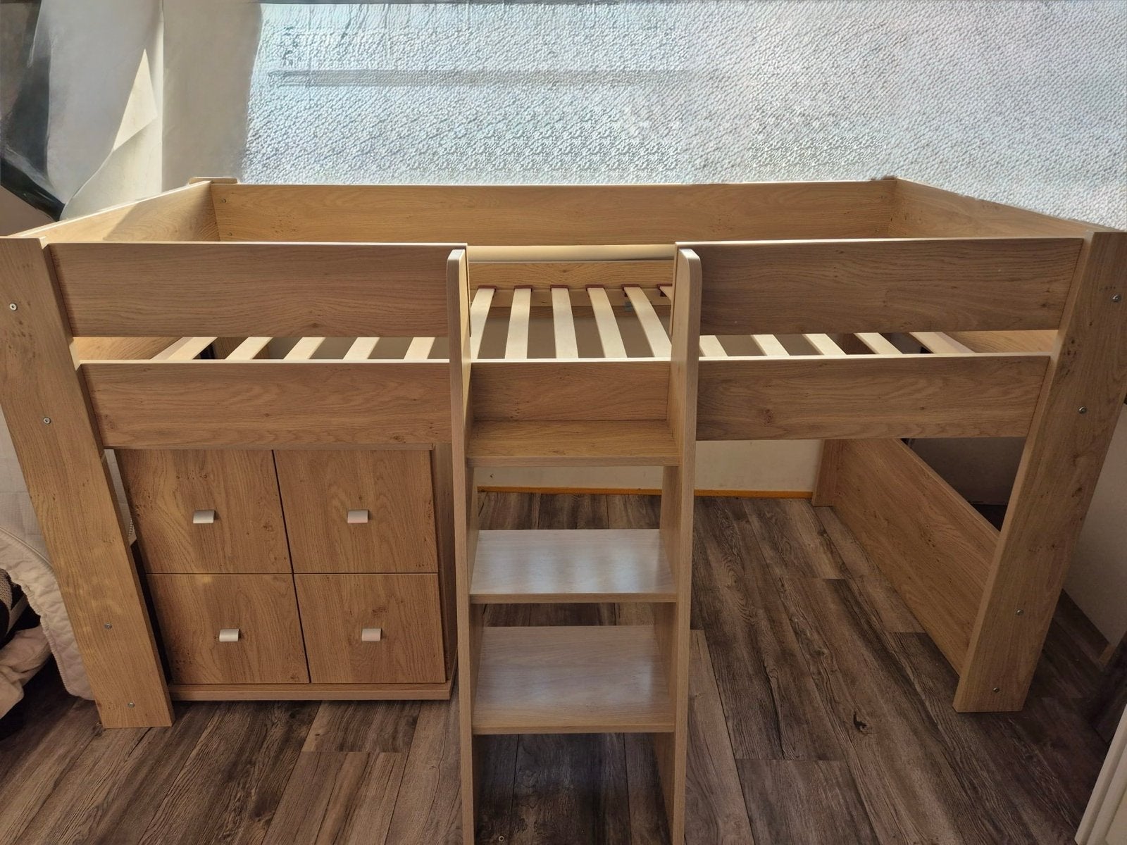 Stevig halfhoogslaper met lades en trap, Huis en Inrichting, Gebruikt, 90 cm, Eenpersoons, Minder dan 160 cm