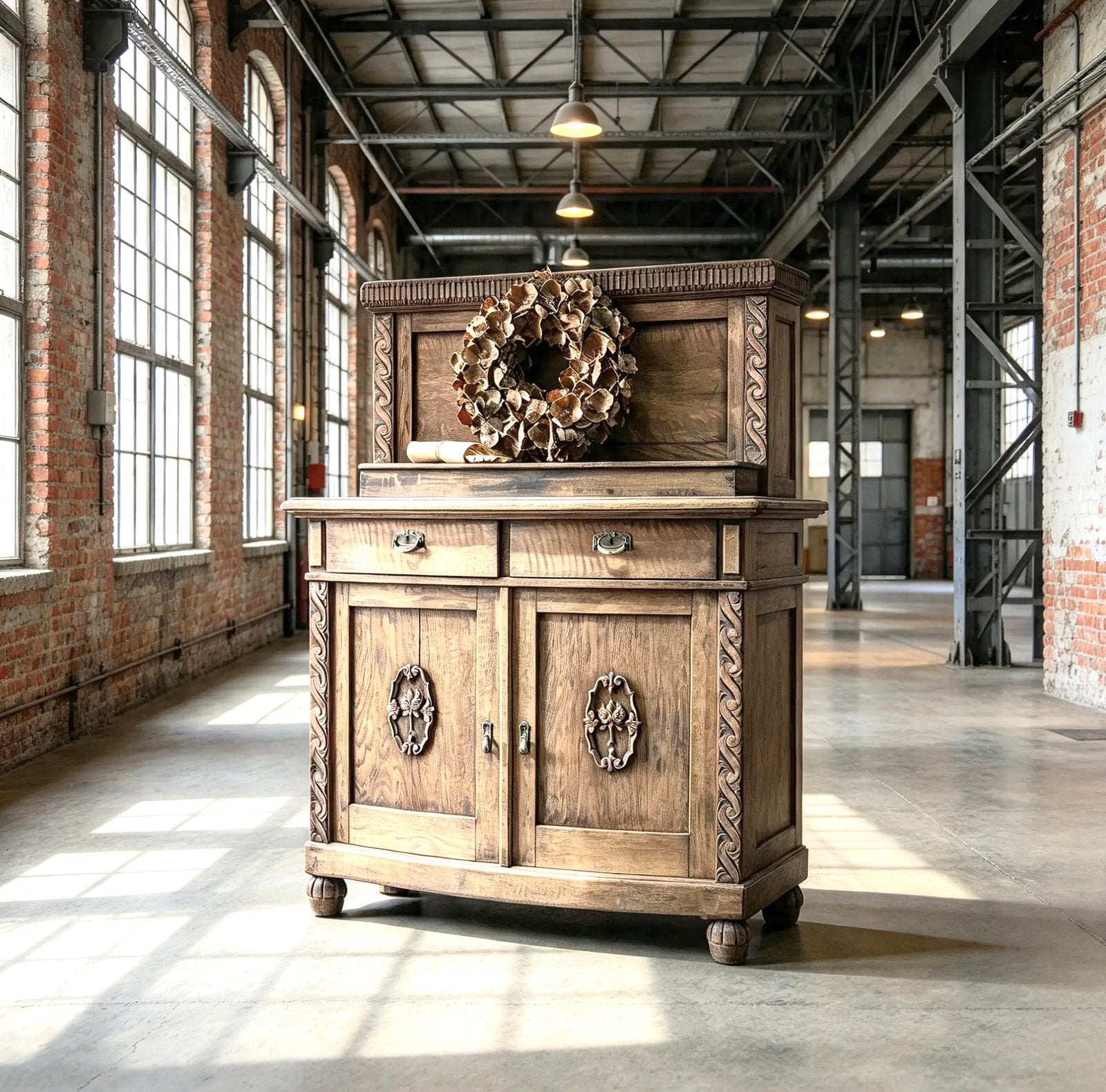 *Schattig Antiek vergrijsd eiken dressoir met houtsnijwerk, Huis en Inrichting, Ophalen, Gebruikt, 100 tot 150 cm, Eikenhout