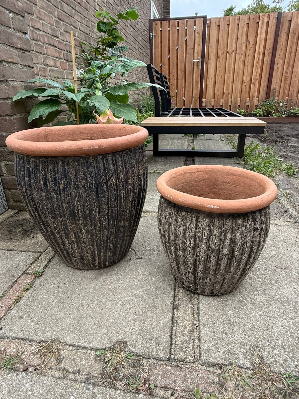 Mooie terracotta buiten potten set bruin, Tuin en Terras, Bloembakken en Plantenbakken, Ophalen, Steen, Minder dan 60 cm, Rond