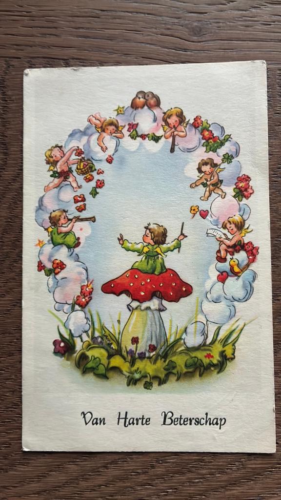 Beterschap.engeltje op paddestoel dirigeert. Engeltjes, Verzamelen, Ophalen of Verzenden, 1940 tot 1960, Gelopen