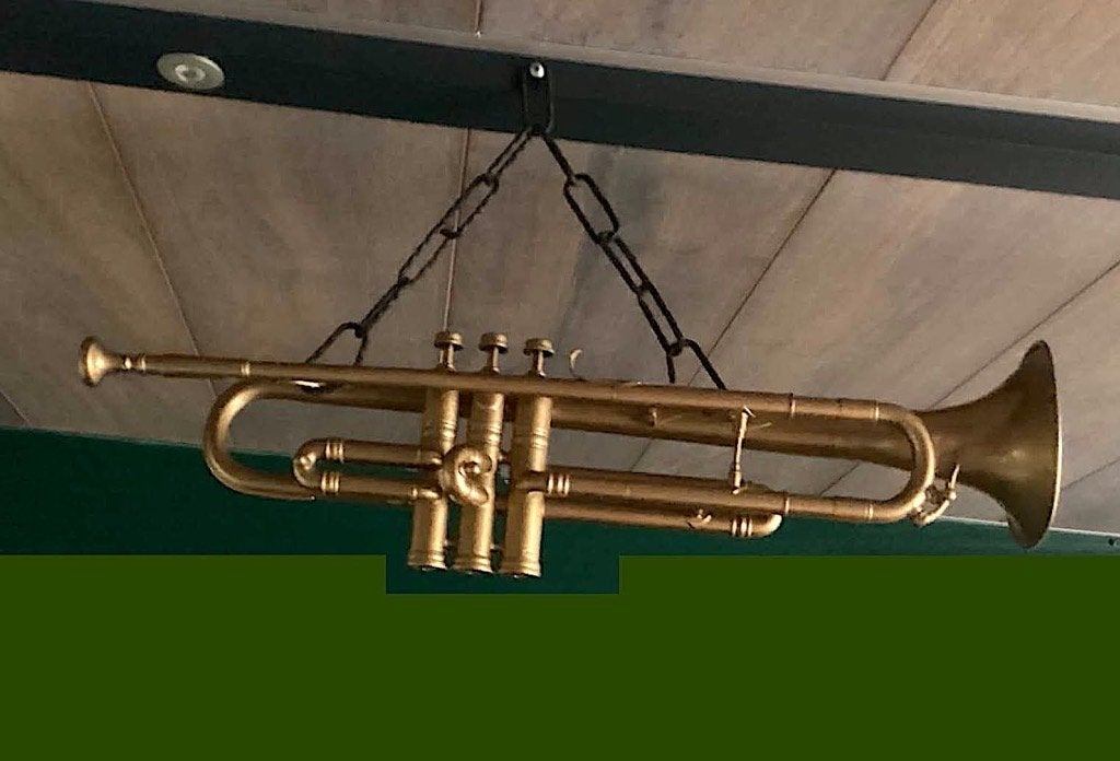 Te koop leuke mancave decoratie gouden Trompet, Ophalen of Verzenden, Gebruikt, Overige typen, Met koffer