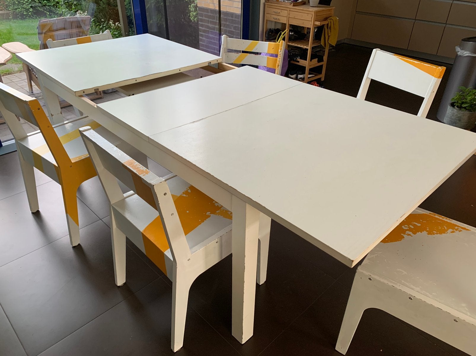 Gratis Eettafel en 4 stoelen, Ophalen, Gebruikt, 200 cm of meer, 50 tot 100 cm