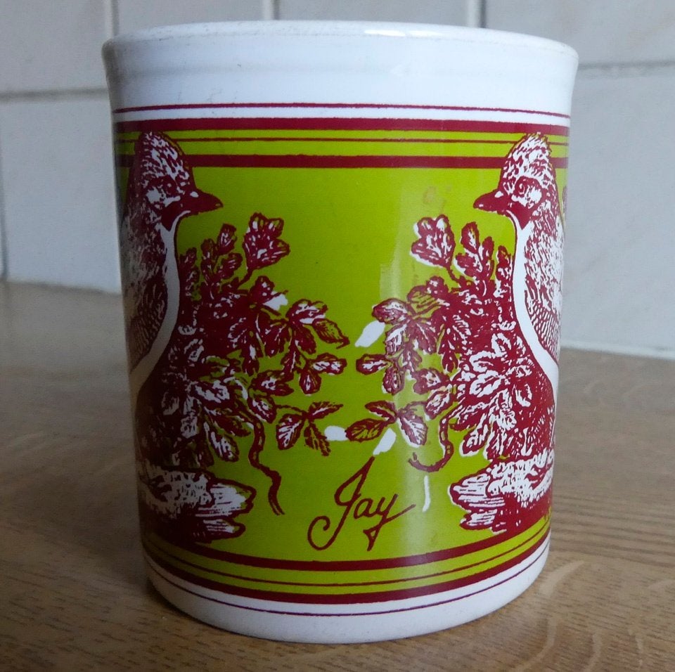 Staffordshire Potteries vintage beker mok vogel Gaai Jay, Gebruikt, Overige stijlen, Aardewerk, Mok